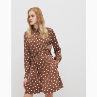 Платье-рубашка Season натуральная ткань коричневое в горошек