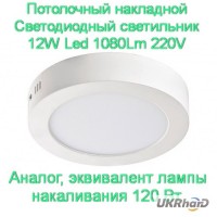 Потолочный накладной Светодиодный светильник 12W Led 1080Lm 220V